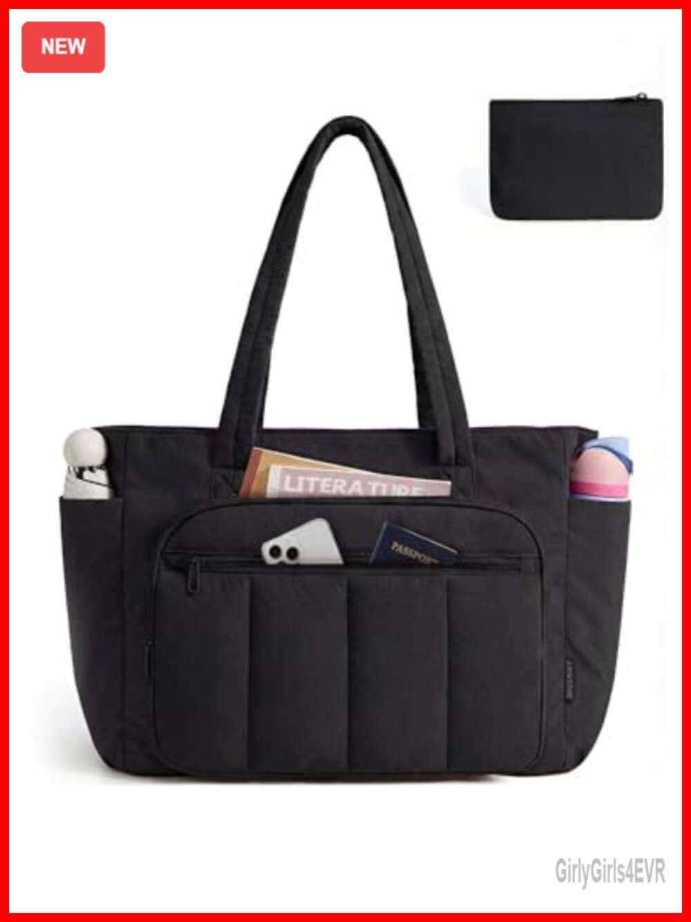 BAGSMART Quilted Nylon Tote Bag with Zipper Work Travel